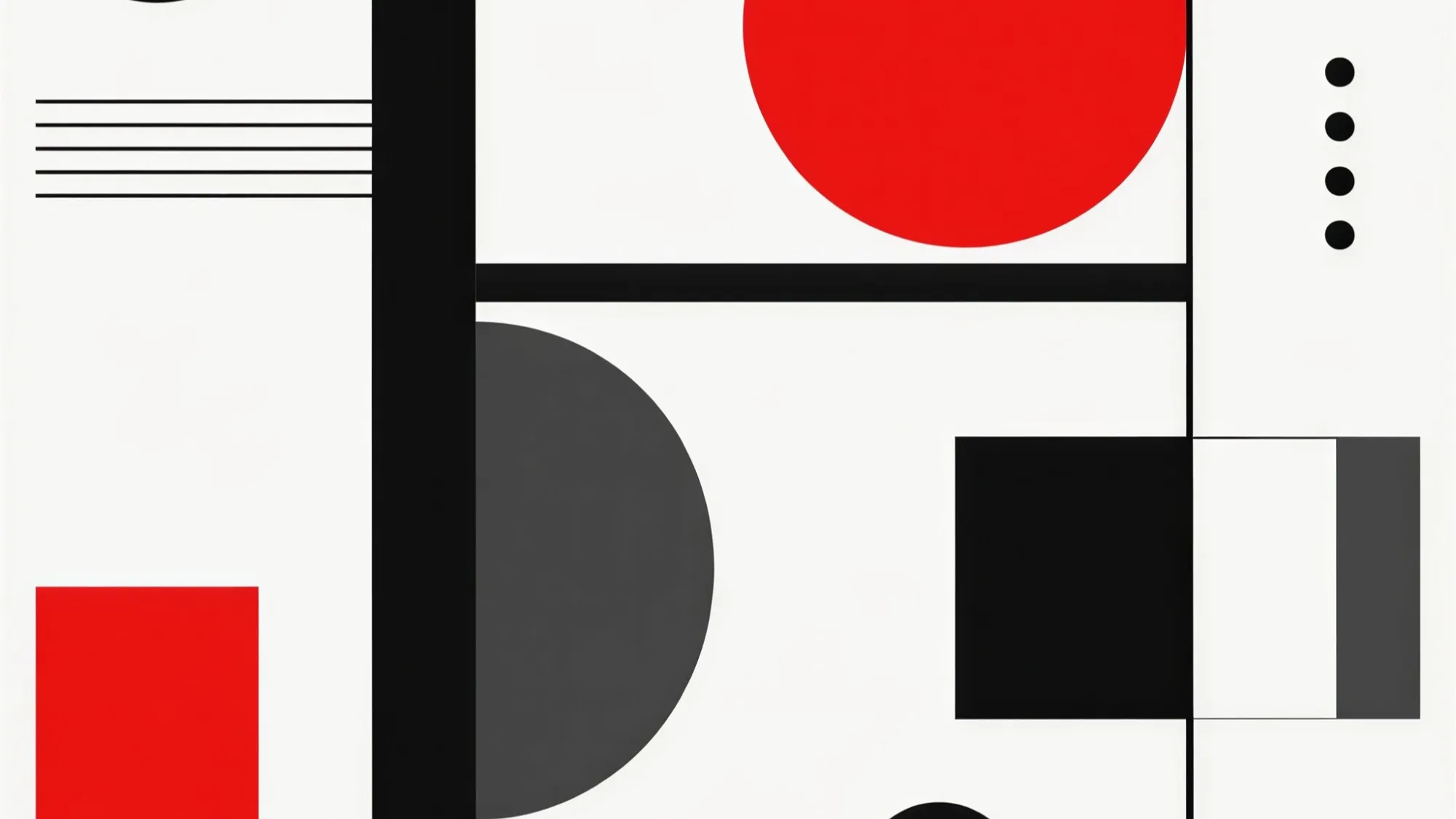 Wide crop of an abstract composition: a red circle, black and grey shapes and thin black rules